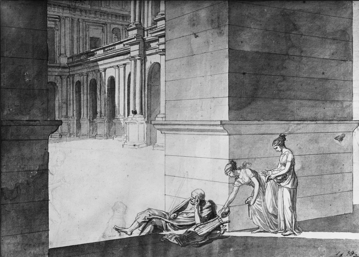 To unge piger bringer brød til Homer sovende, ca. 1794 (pen og indisk blæk på papir) af Jacques Louis David