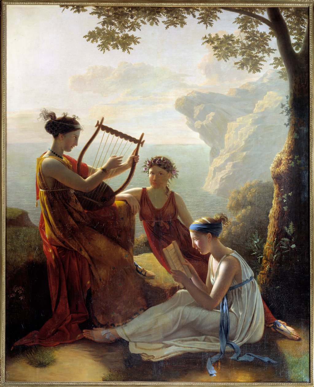 Den græske digter Sapho (Sappho) spiller lyre og to af hendes ledsagere Maleri af Jacques Louis Grandin (1780-?) 1808 Paris, Musee Marmottan af Jacques Louis Michel Grandin