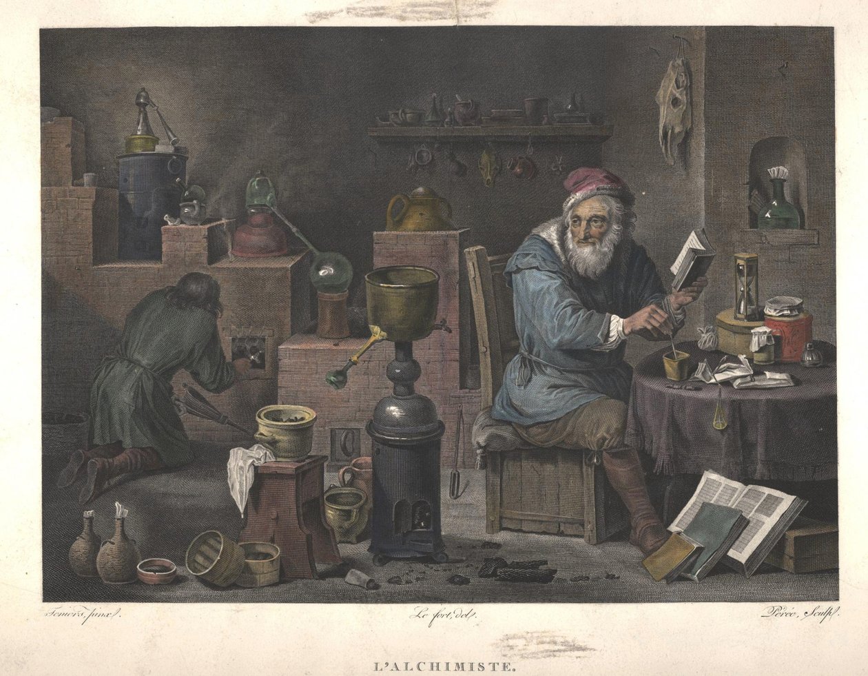 Alchemisten efter maling af David Teniers, slutningen af det 18. århundrede. af Jacques Louis Perée