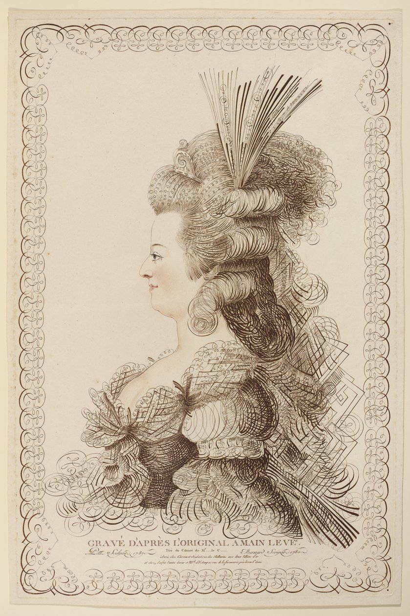 Kalligrafisk portræt af Marie Antoinette, 1787 (ætsning og gravering) af Jacques Louis Petit