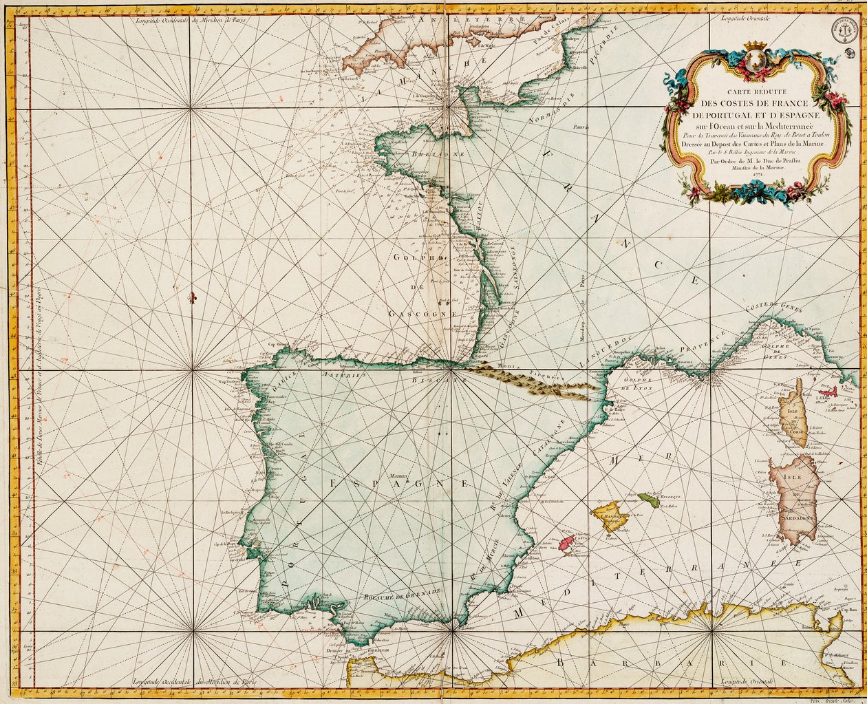 Kort over Vesteuropa med Paris-meridianen som den primære af Jacques Nicolas Bellin