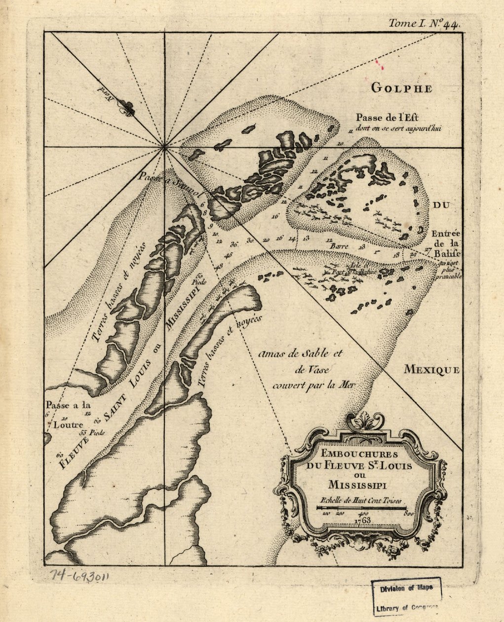 Louis eller Mississippi-flodens udmunding. 1763. LOC 74693011 af Jacques Nicolas Bellin