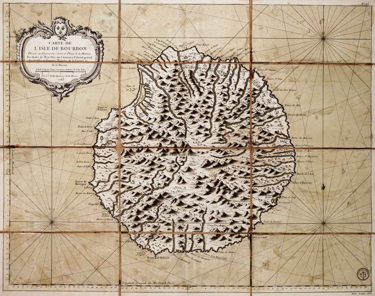 Kort over Isle of Bourbon udarbejdet på depotet for kort og søkort af Jacques Nicolas Bellin