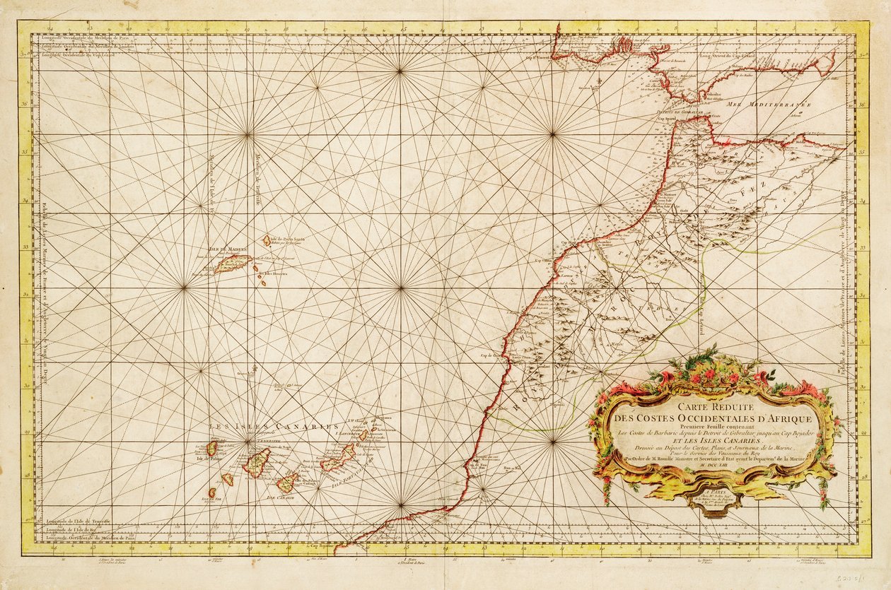 Kort over Afrikas nordvestlige kyst, fra Gibraltarstrædet til De Kanariske Øer af Jacques Nicolas Bellin
