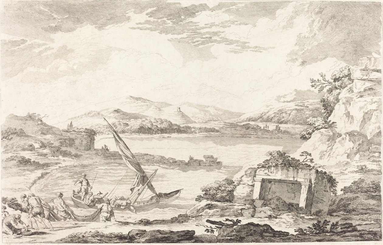 Udsigt over den gamle havn i Phaleron, Athen af Jacques Philippe LeBas after Julien David Le Roy