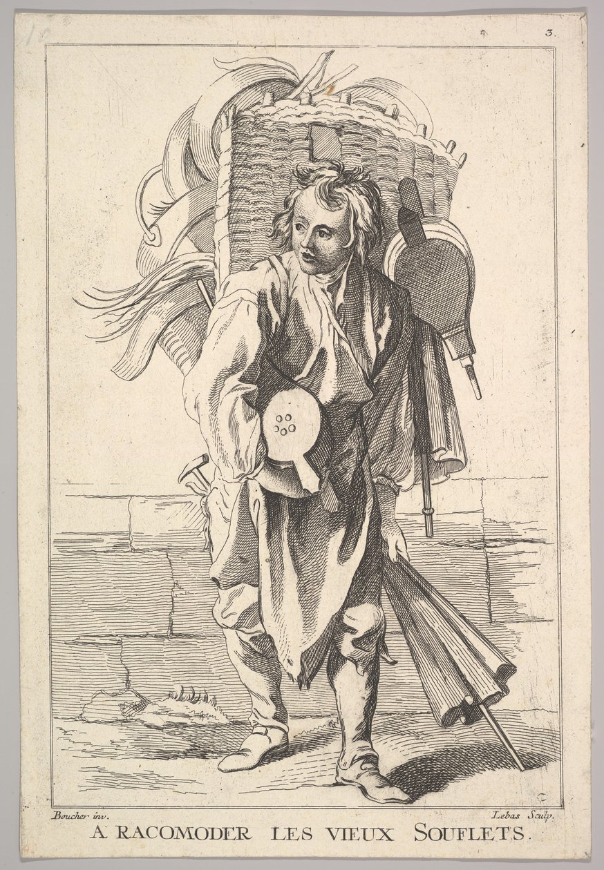 Omvendt kopi af A Racomoder les Vieux Souflets Mend the Old Bellows, fra Le Cri..., 1700-tallet. af Jacques Philippe Le Bas