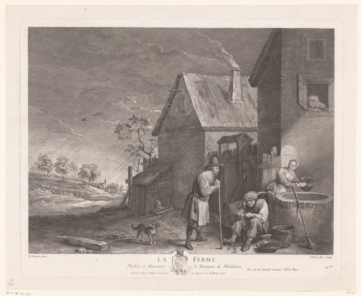 To mænd og en kvinde foran brønden ved en gård La Ferme (titel på objekt) af Jacques Philippe Le Bas