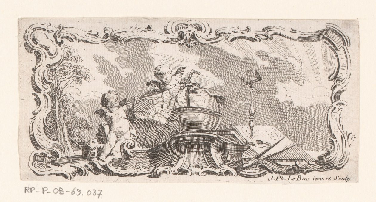 Vignette med to putti med kort, globus og måleinstrumenter af Jacques Philippe Le Bas