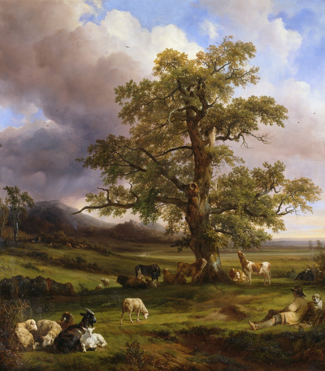 Dyr hviler omkring et stort egetræ, 1842 af Jacques Raymond Brascassat