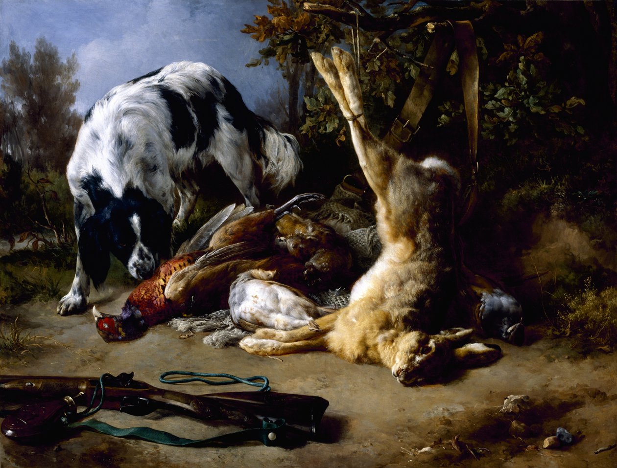 Spaniel med et stilleben af dødt vildt, 1837 af Jacques Raymond Brascassat