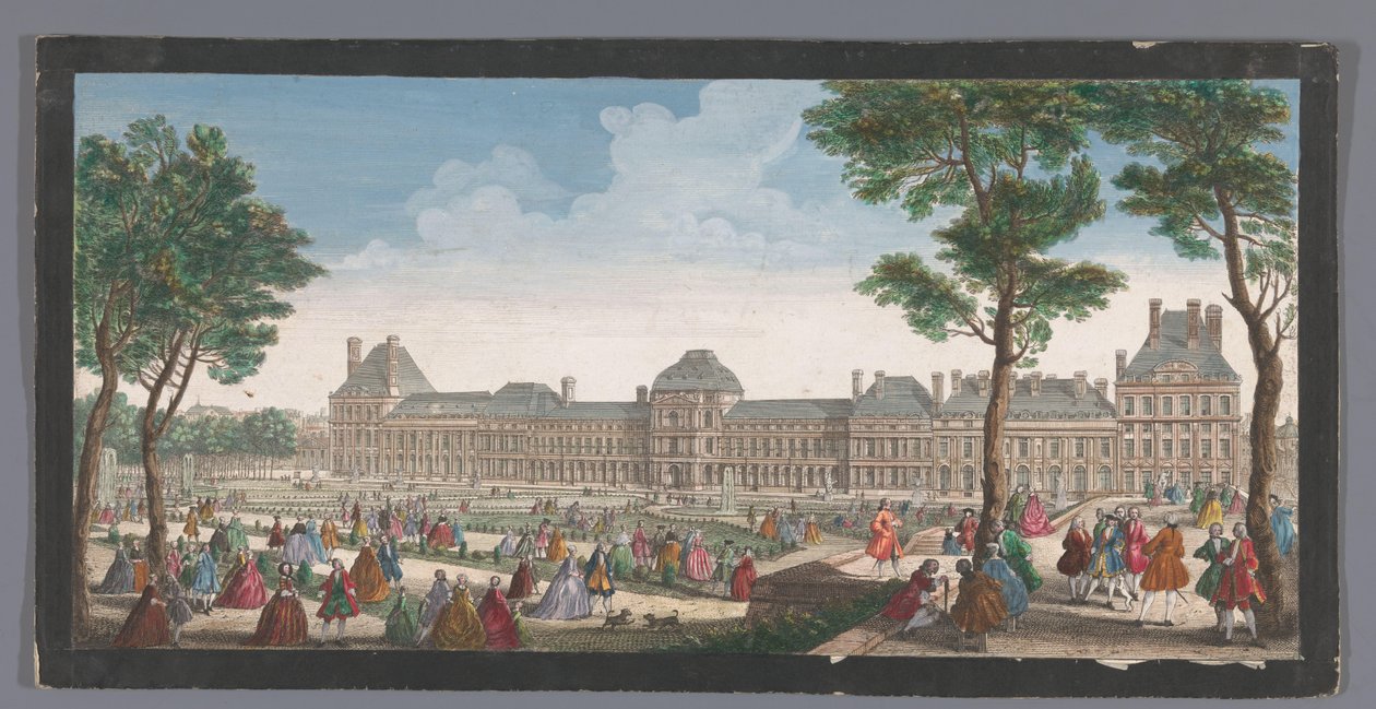 Udsigt over Palais des Tuileries i Paris set fra Jardin des Tuileries Les promenades du Palais Thuilleries (titel på objektet) af Jacques Rigaud