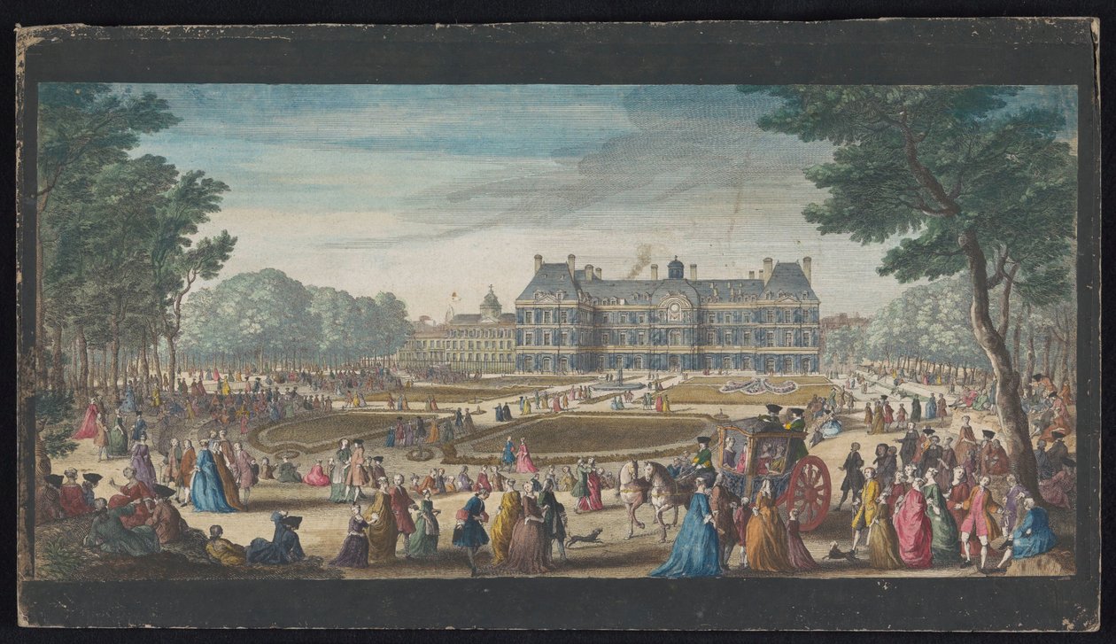 Udsigt over Palais du Luxembourg i Paris set fra haven Les promenades du Luxembourg (titel på objektet) af Jacques Rigaud