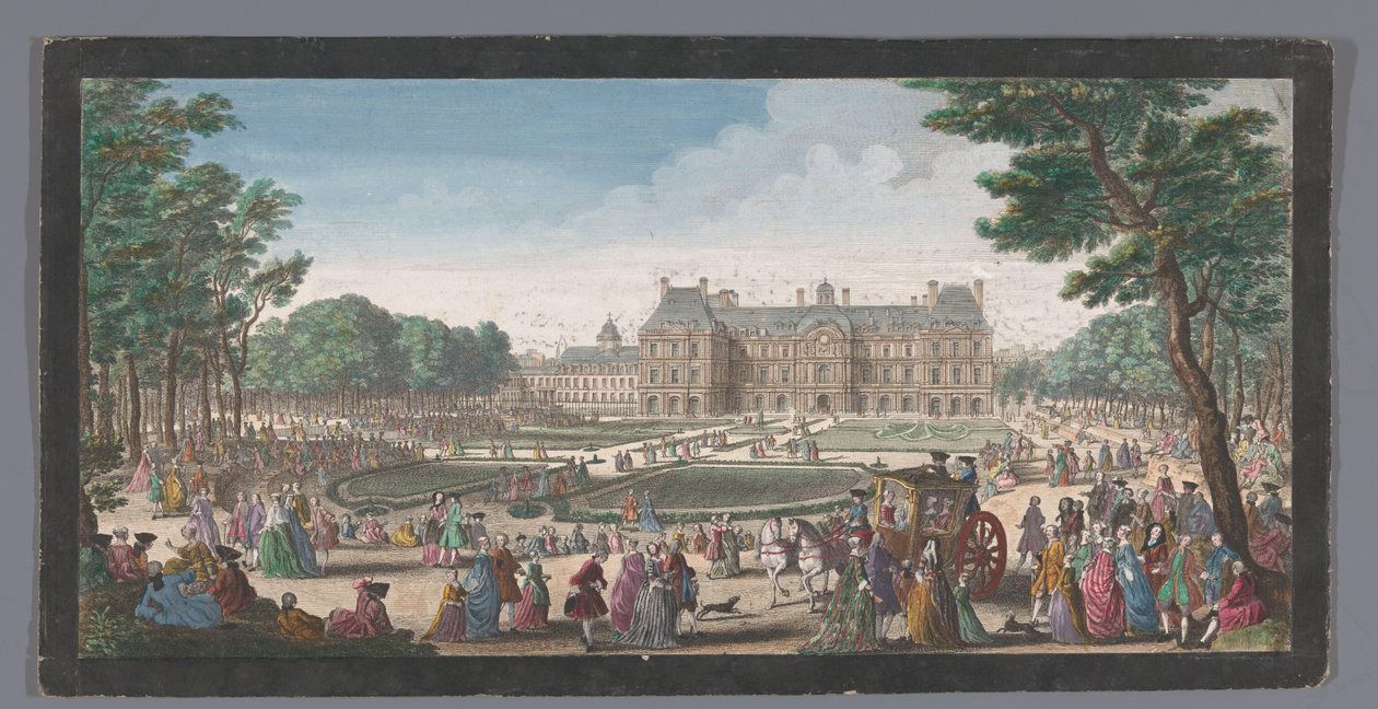 Udsigt over Palais du Luxembourg i Paris set fra haven Les promenades du Luxembourg (titel på objektet) af Jacques Rigaud