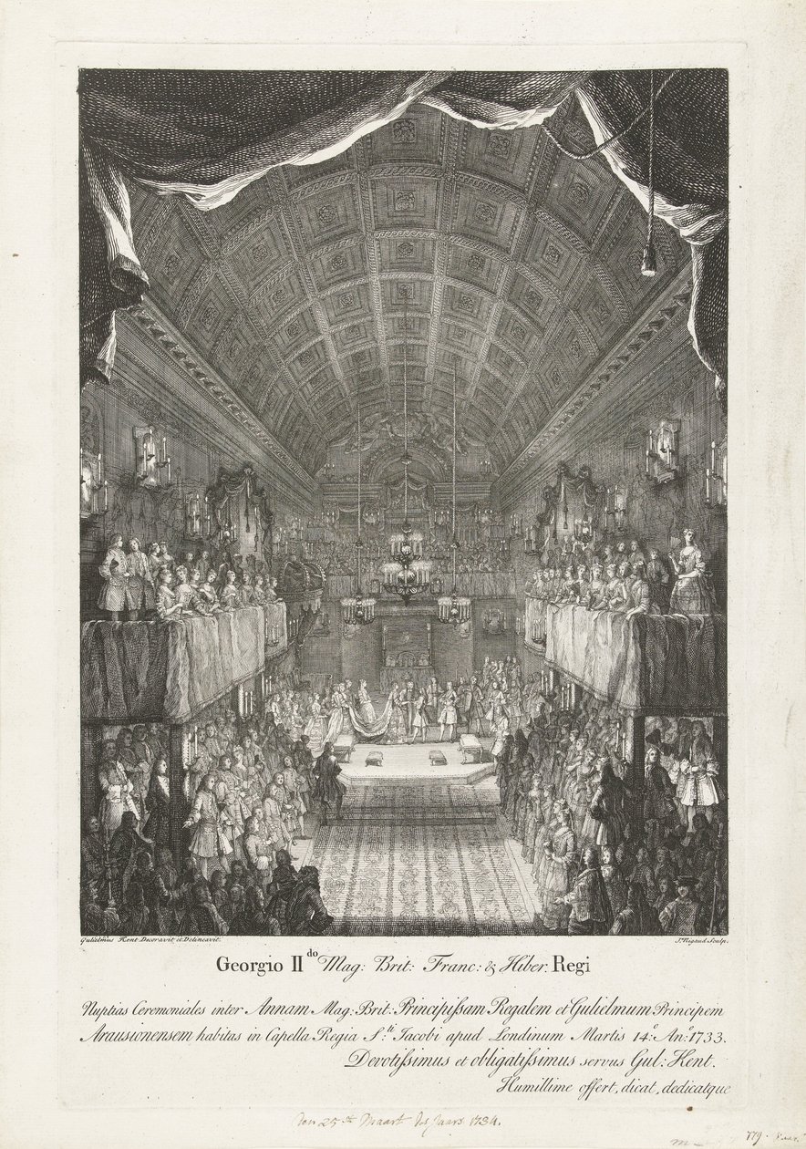 Huwelijk van Willem IV mødte prinsesse Anna, 1734 George II Mag: Brit: Franc: & Hiber. Kongens bryllupsceremoni mellem Anne (...) og William (...) Tirsdag den 14.: Ano: 1733 (...) (titel på objektet) af Jacques Rigaud