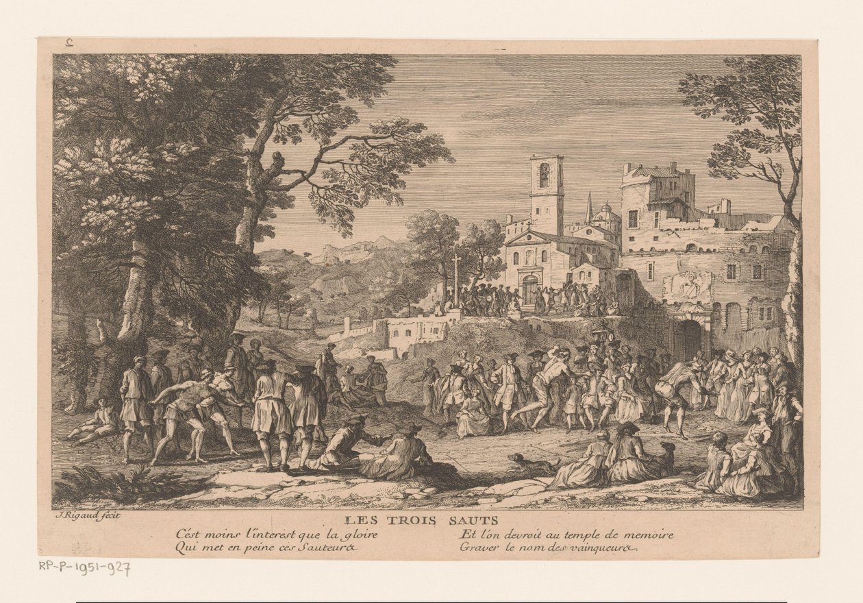 Landskab med en gruppe mennesker, der ser et længdespringsløb Les trois sauts (titel på objekt) af Jacques Rigaud