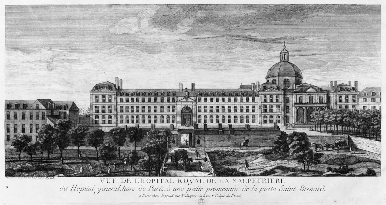 Udsigt over Hopital Royal de La Salpetriere, kendt som Hopital General, Paris af Jacques Rigaud
