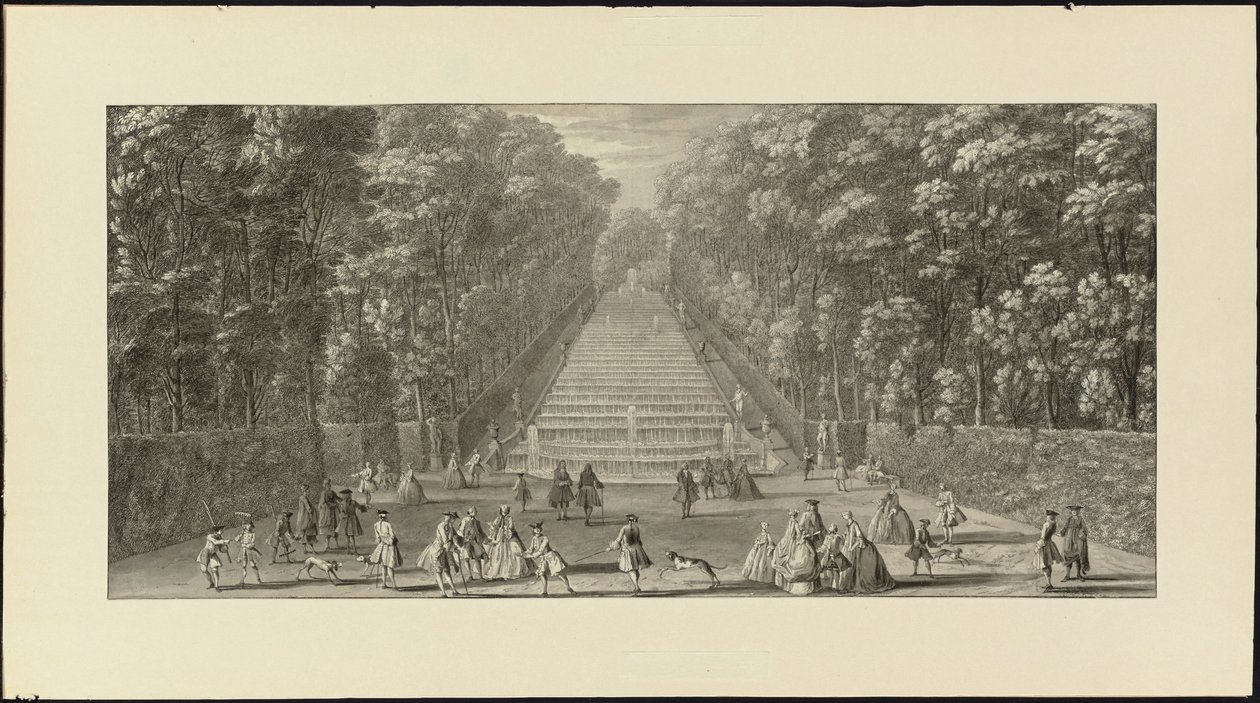 Vue de la Grande Cascade dans les jardins de Marly (sort kridt, pen og sort blæk, grå vask) af Jacques Rigaud