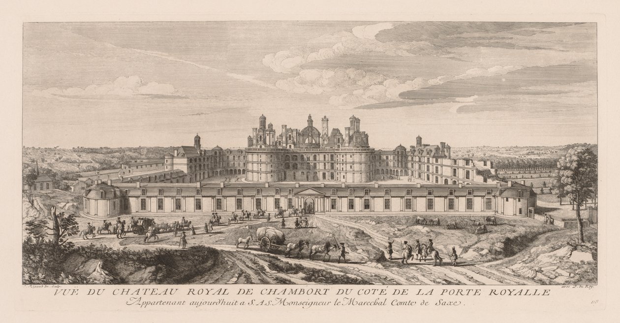 Udsigt over det kongelige slot i Chambord fra siden af ​​den kongelige port af Jacques Rigaud