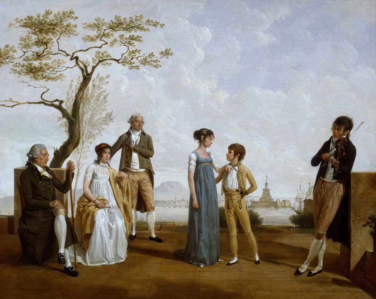 Familiebillede foran en havn af Jacques Sablet