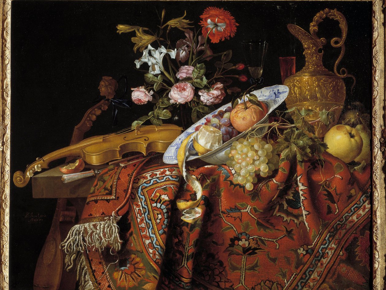Stilleben med violin og akvamarin Maleri af Jacques Samuel Bernard (1615-1687) af Jacques Samuel Bernard