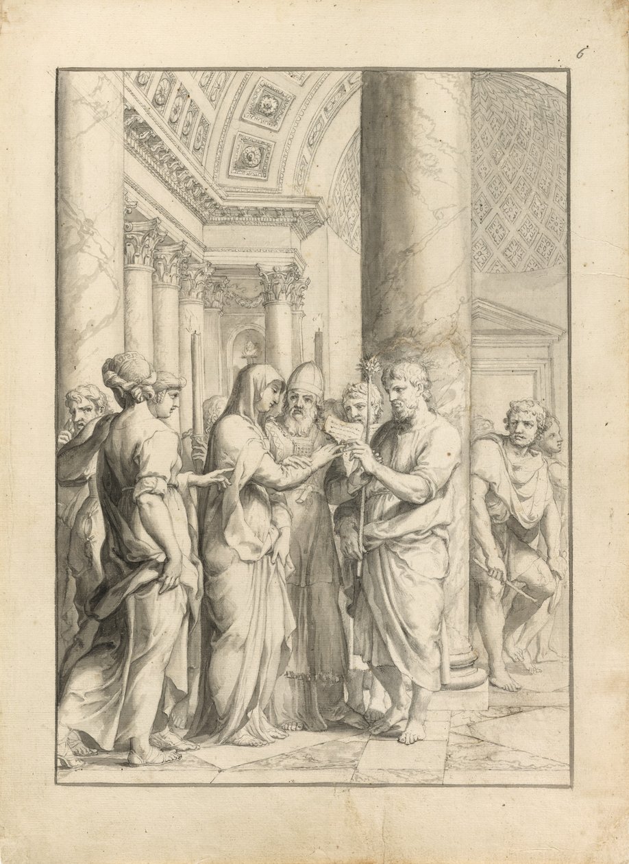 Jomfruens ægteskab, ca. 1640 (pen & sort blæk, med pensel & grå & lysebrun vask & grafit, på stykker creme lagt papir) af Jacques Stella