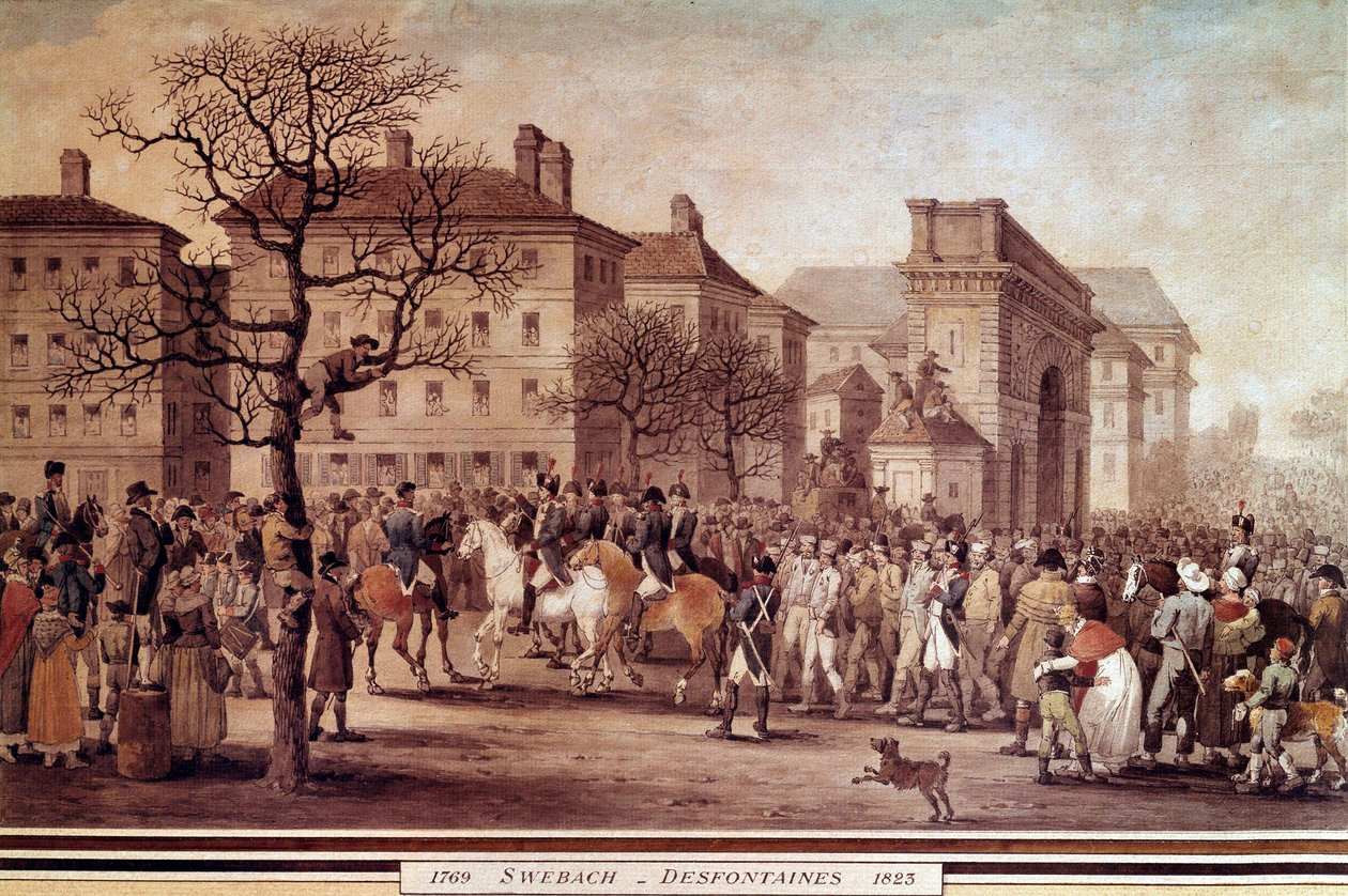 Frankrigs kampagne i 1814: "" Entrée i Paris af fanger af allierede væbnede (inklusive Rusland og Preussen), eskorteret af Nationalgarden under kommando af Marechal Moncey den 9/03/1814"" Litografi af Jacques Swebach-Desfontaines (1769- 1823) af Jacques Swebach Desfontaines