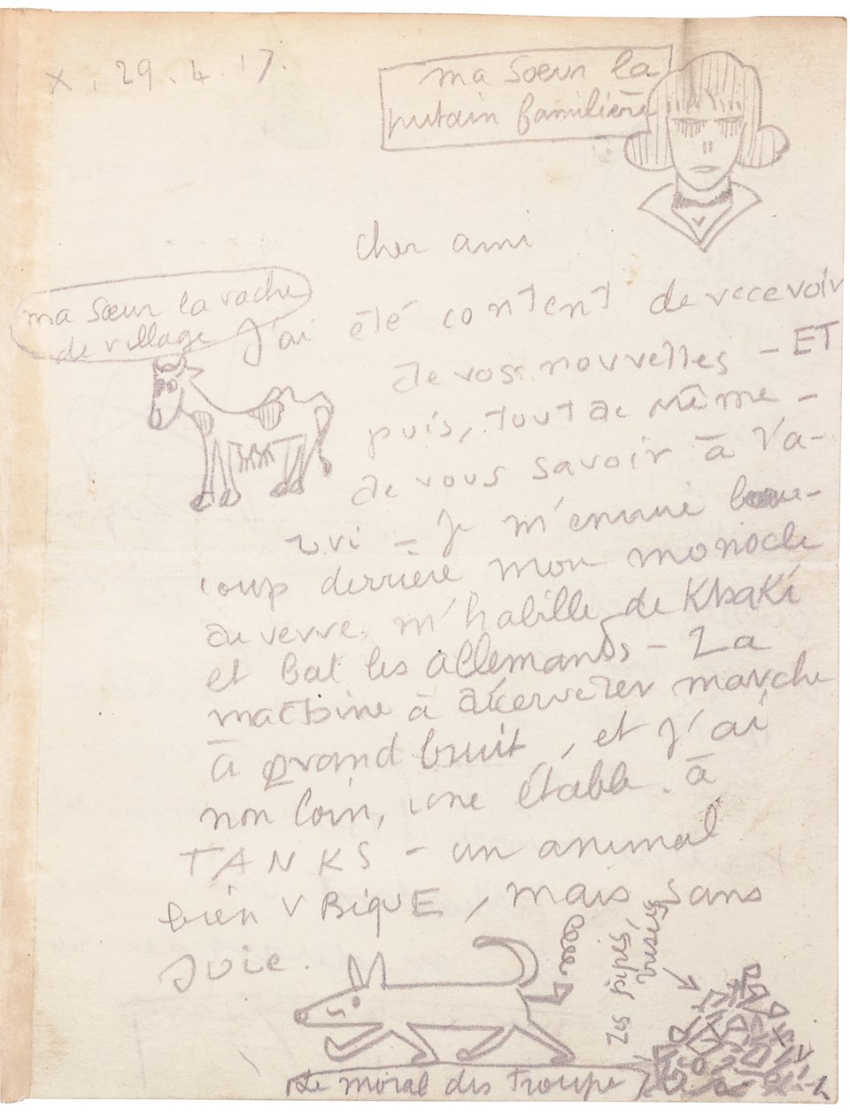 Autografbrev med tegninger af Jacques Vache