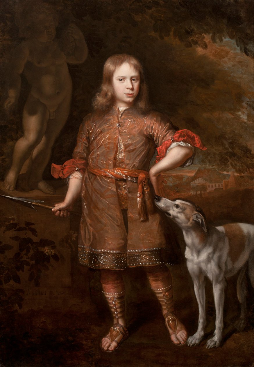 Portræt af en dreng som en jæger, der holder et ornespyd med en greyhound, midten af 1670