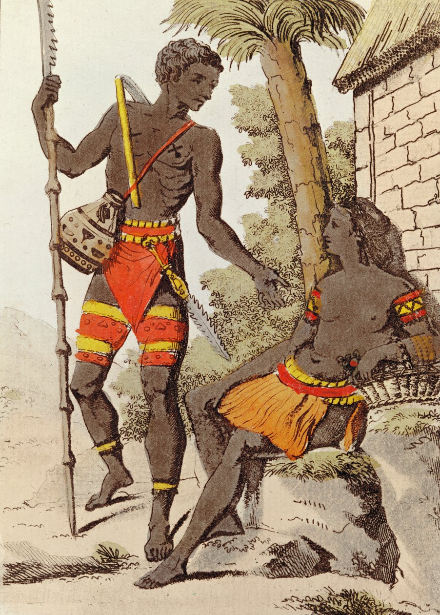 Mand og kvinde fra Palau-øerne, 1805 (farvegravering) af Jacques after Grasset de Saint Sauveur