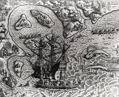 Johannes Staden ankommer til en ukendt ø for at finde ud af, at portugiserne allerede er der, fra Americae, 1593, skrevet og indgraveret af Theodor de Bry (1528-98) af Jacques d.158788 after Le Moyne