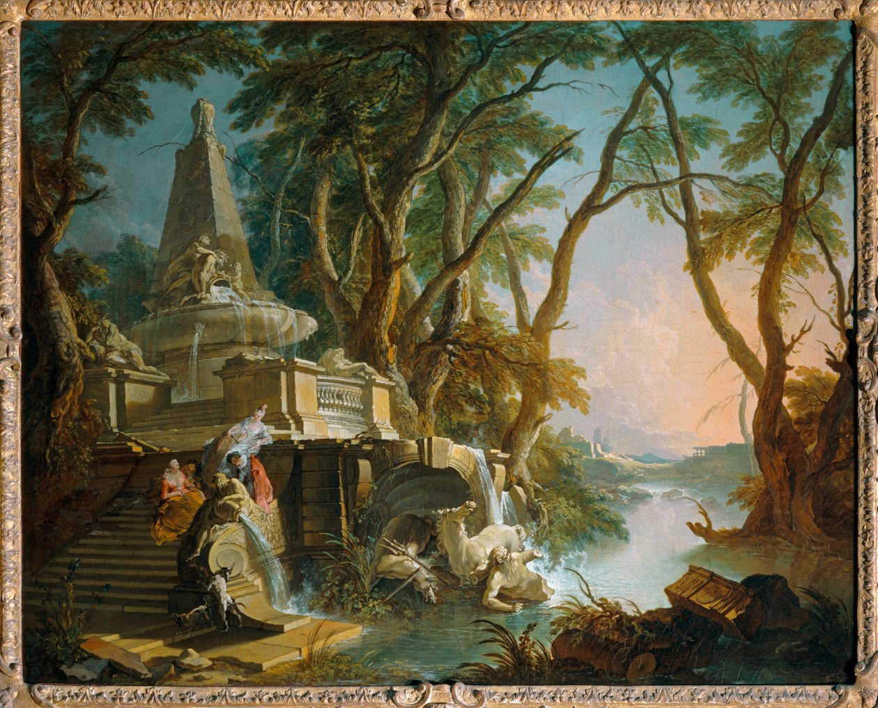 Imaginært landskab: floden, også kendt som den pyramideformede fontæne med en ødelagt statue af Neptun - Imaginært landskab: floden ... af Jacques de (after) Lajoue