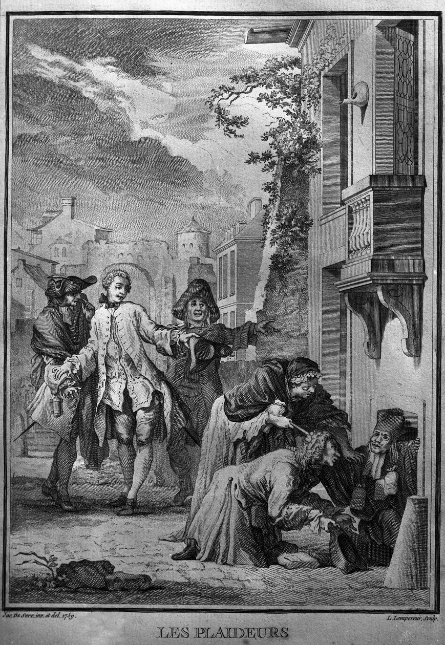 Les Plaideurs Illustration fra Jacques de Seve til værker af Jean Racine (1639-1699), fransk tragisk digter. gravering af 1760. af Jacques de (after) Seve