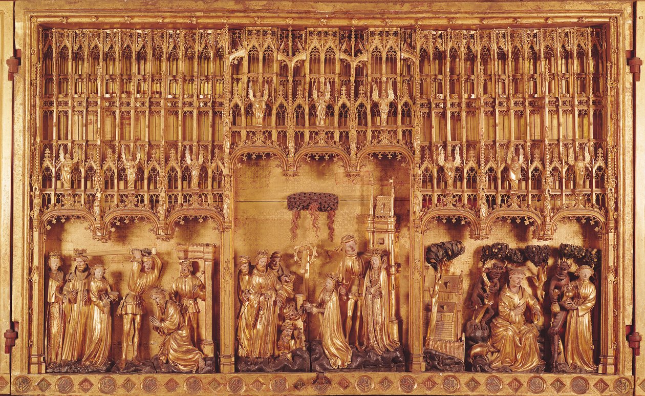 Altertavle af hellige og martyrer, midterpanel halshugningen af Skt. Johannes Døberen, St. Katarina af Alexandrias og Skt. Barbaras Martyrium og Skt. Anthonys Fristelse, ca. 1391 (forgyldt wo af Jacques de Baerze or Baers