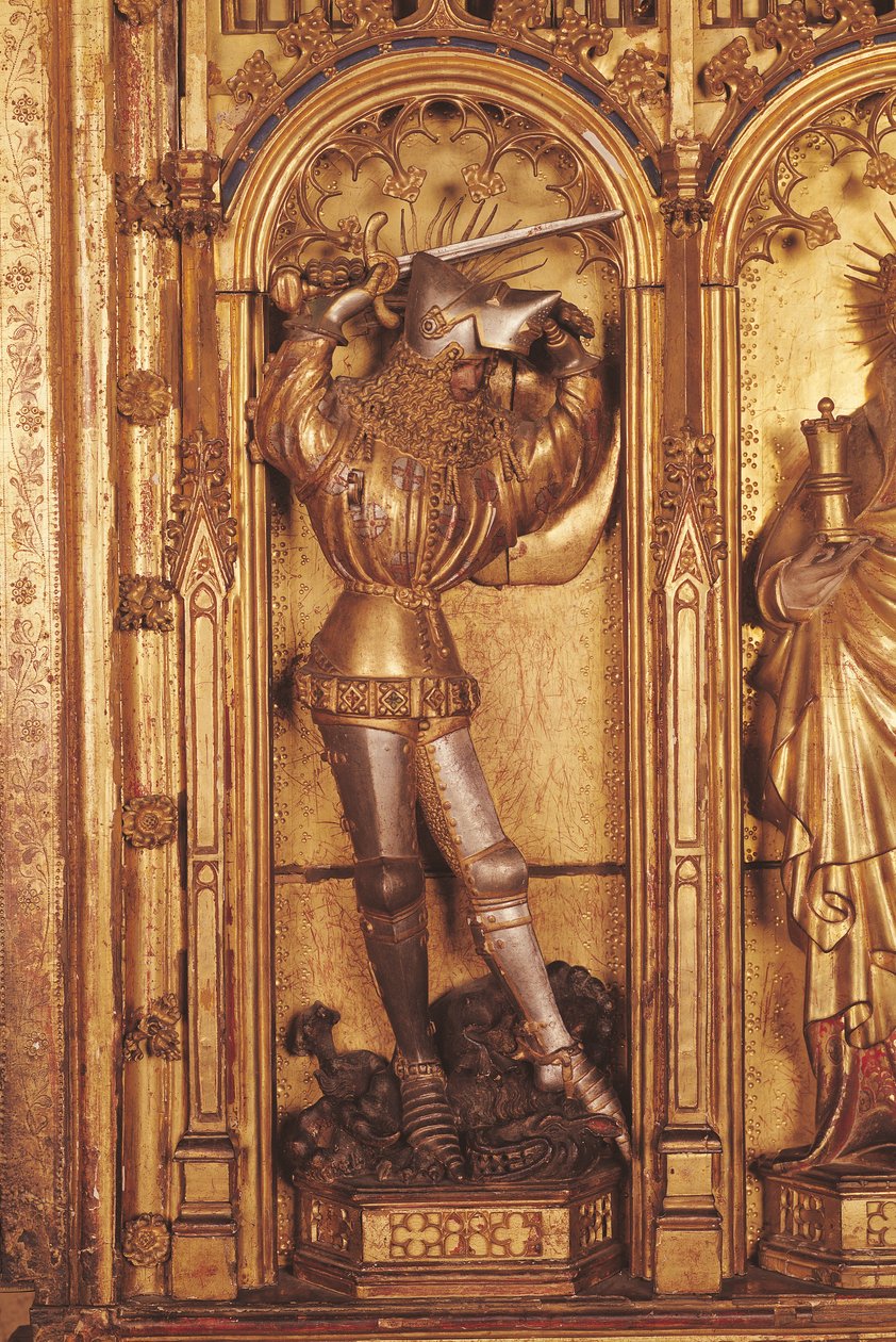 Altertavle af korsfæstelsen, detalje af St. George fra venstre panel, fra Church of Chartreuse de Champmol, ca. 1391 (forgyldt træ) af Jacques de Baerze or Baers