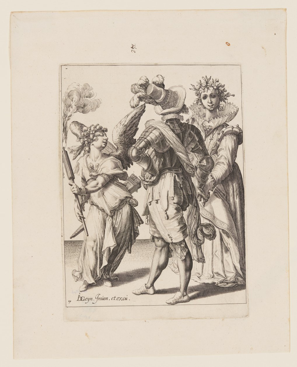 Amor med bind for øjnene holder en fakkel foran et par, fra The Masquerades af Jacques de Gheyn II