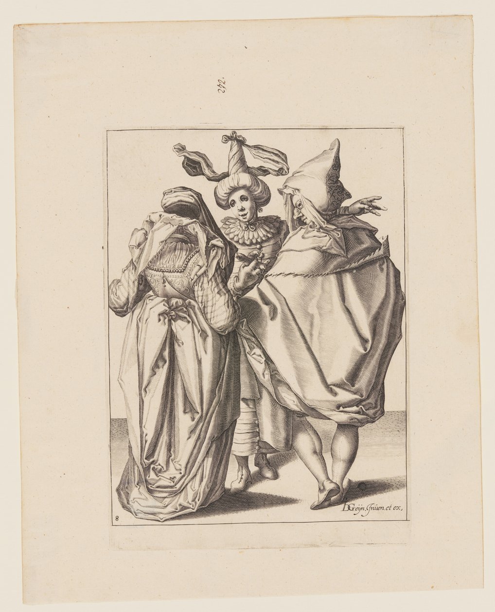 Et par henvender sig til en gestikulerende ung mand, fra Maskeraderne af Jacques de Gheyn II