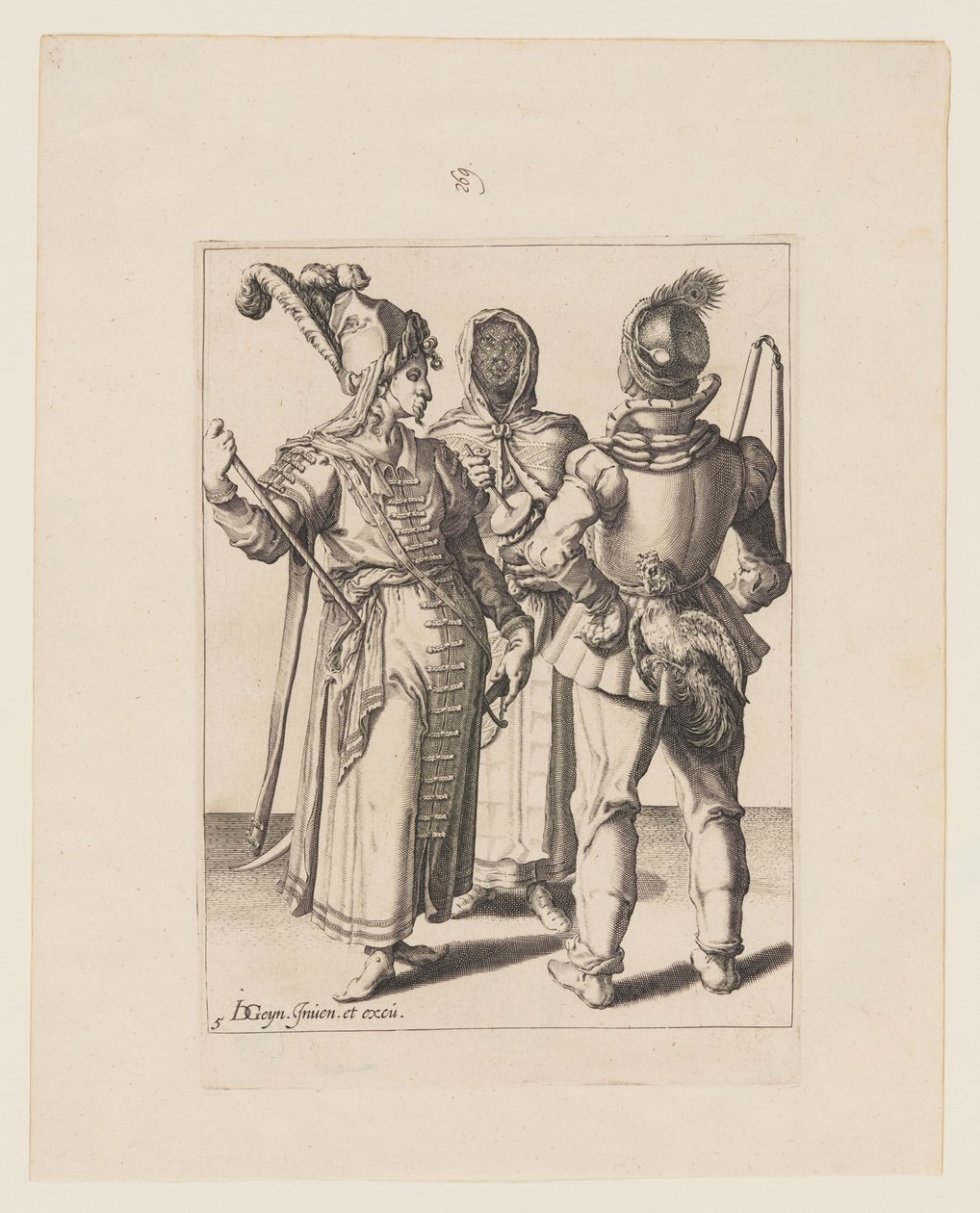 En stormand i østlig klædedragt, en mand med en pik i bæltet og en tilsløret kvinde, der spiller på rumlepotte, fra Maskeraderne af Jacques de Gheyn II