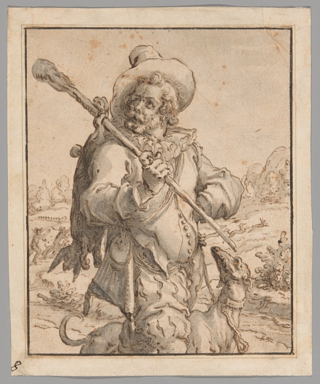 En jæger med en død hare og en hund (studie til "Terra") af Jacques de Gheyn II