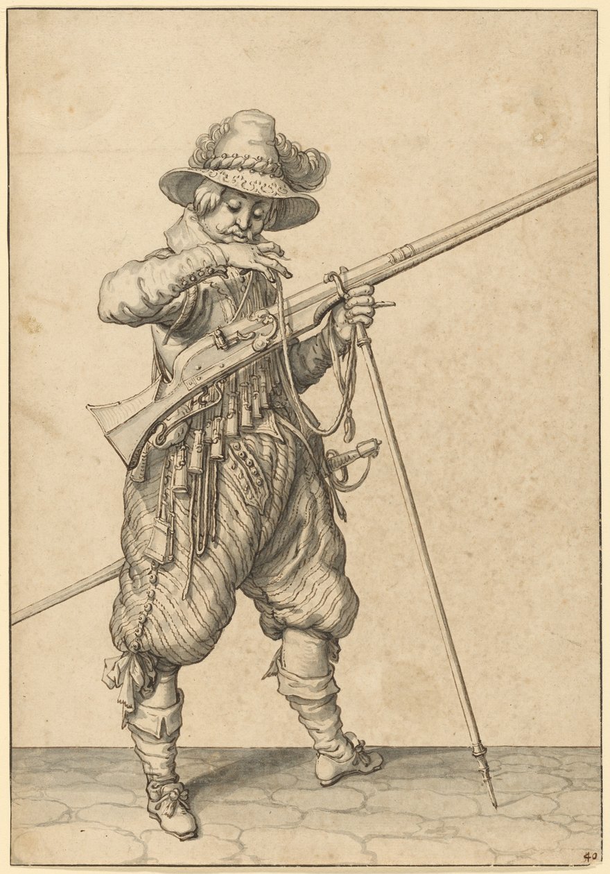 En soldat på vagt puster til tændstikken af Jacques de Gheyn II
