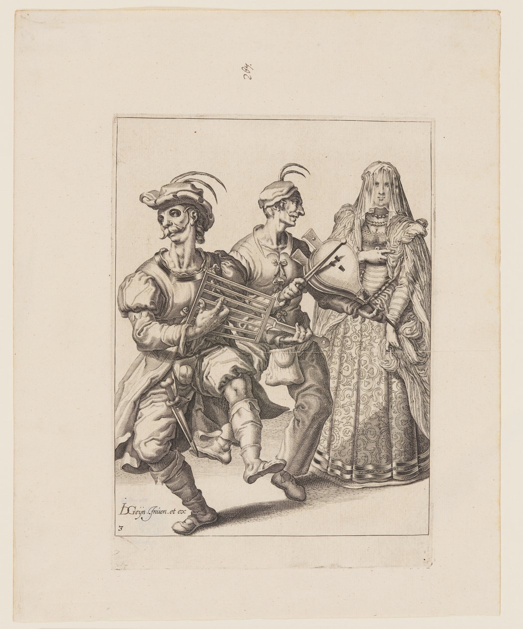 En tilsløret kvinde med to musikere, der spiller på et gitterjern og en blæsebælg, fra Maskeraderne af Jacques de Gheyn II