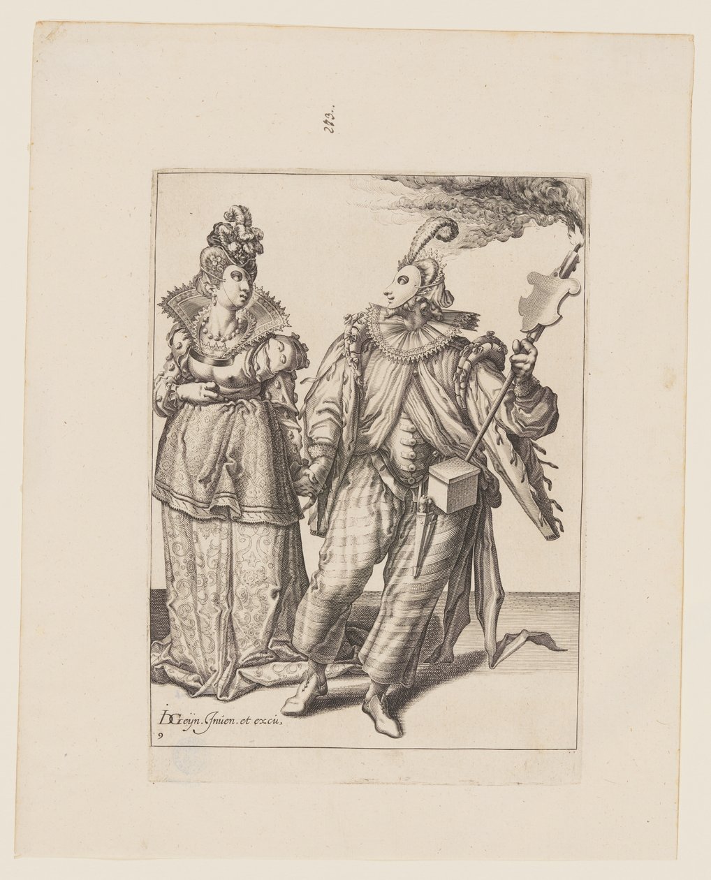En kvinde anført af en spiller, der holder en fakkel, fra Maskeraderne af Jacques de Gheyn II