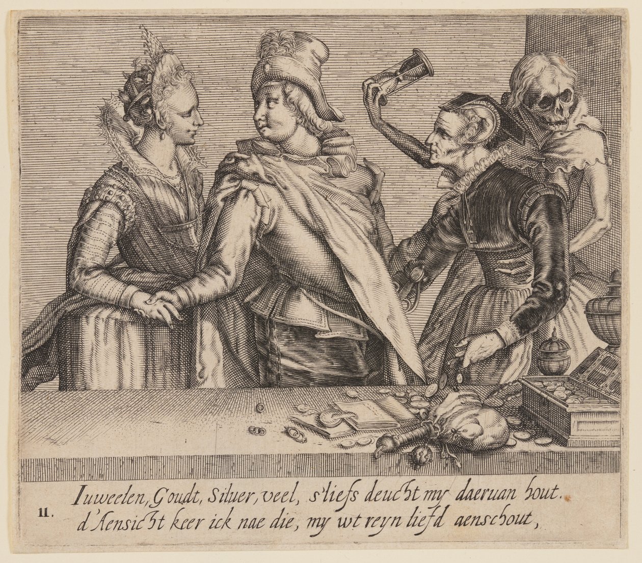 En ung mand mellem en ung kvinde og en gammel kvinde, fra Unequal Lovers af Jacques de Gheyn II