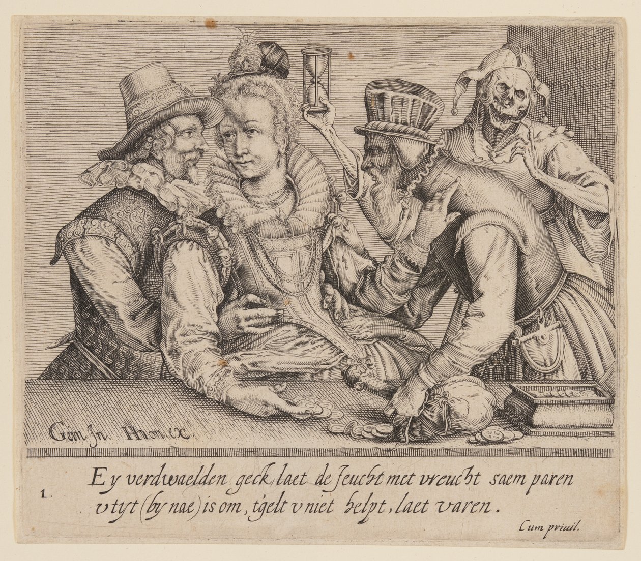 En ung kvinde mellem en ung mand og en gammel mand, fra Unequal Lovers af Jacques de Gheyn II