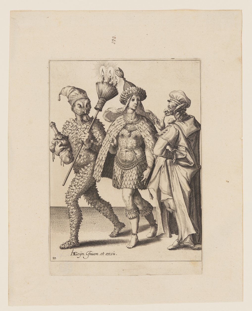 En gammel mumie henvender sig til et par klædt i blade og fuglefjer, fra Maskeraderne af Jacques de Gheyn II