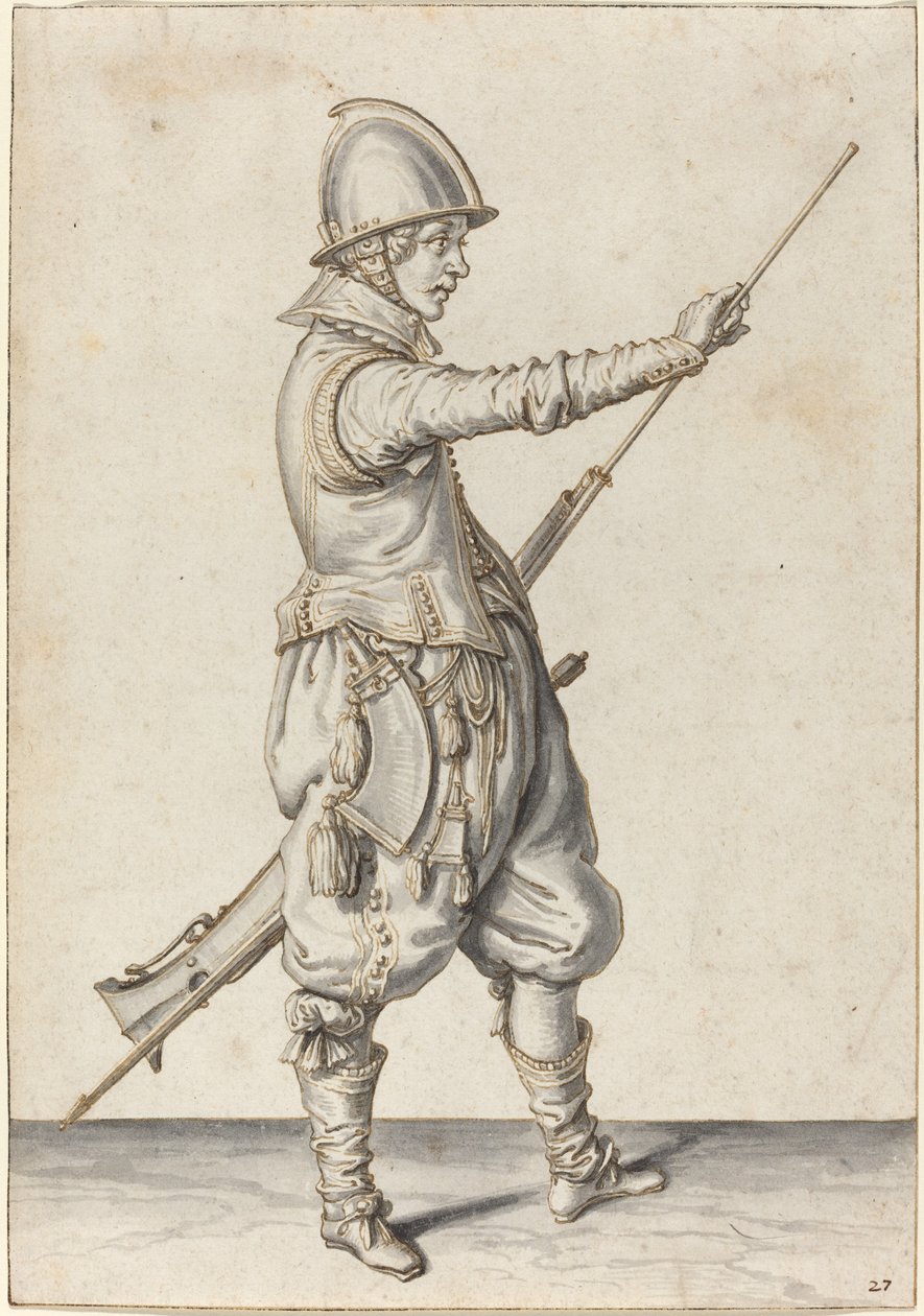 Elegant klædt soldat, der tæmmer sit æg af Jacques de Gheyn II