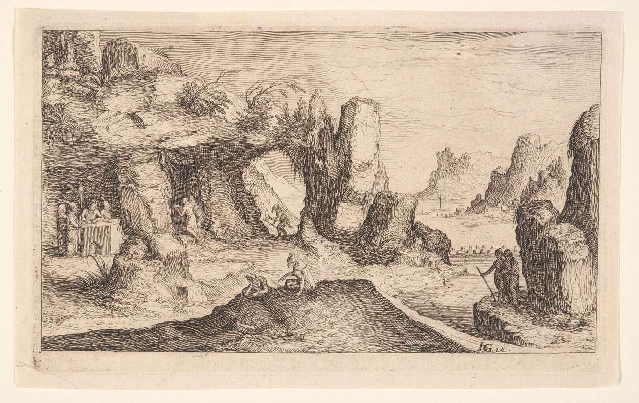 Landskab med grotte og eremitter, fra Landskaber af Jacques de Gheyn II
