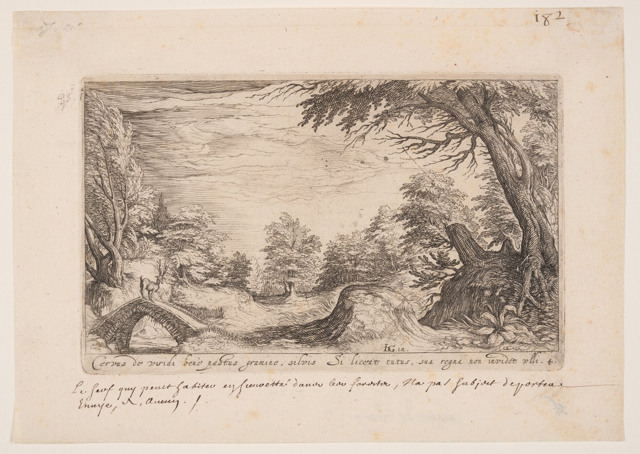 Landskab med en kronhjort på en bro, fra Landskaber af Jacques de Gheyn II