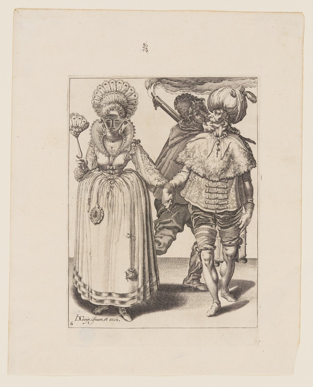 Mand med turban fører en kvinde med påfuglefjer, bag dem en fakkelbærer, fra Maskeraderne af Jacques de Gheyn II