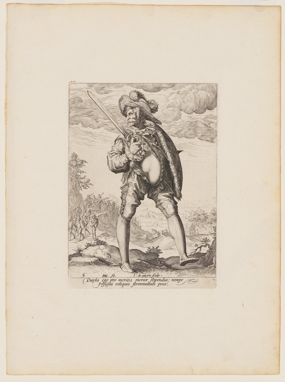 Soldat, bevæbnet med sværd og skjold, fra officerer og soldater i kejser Rudolph II