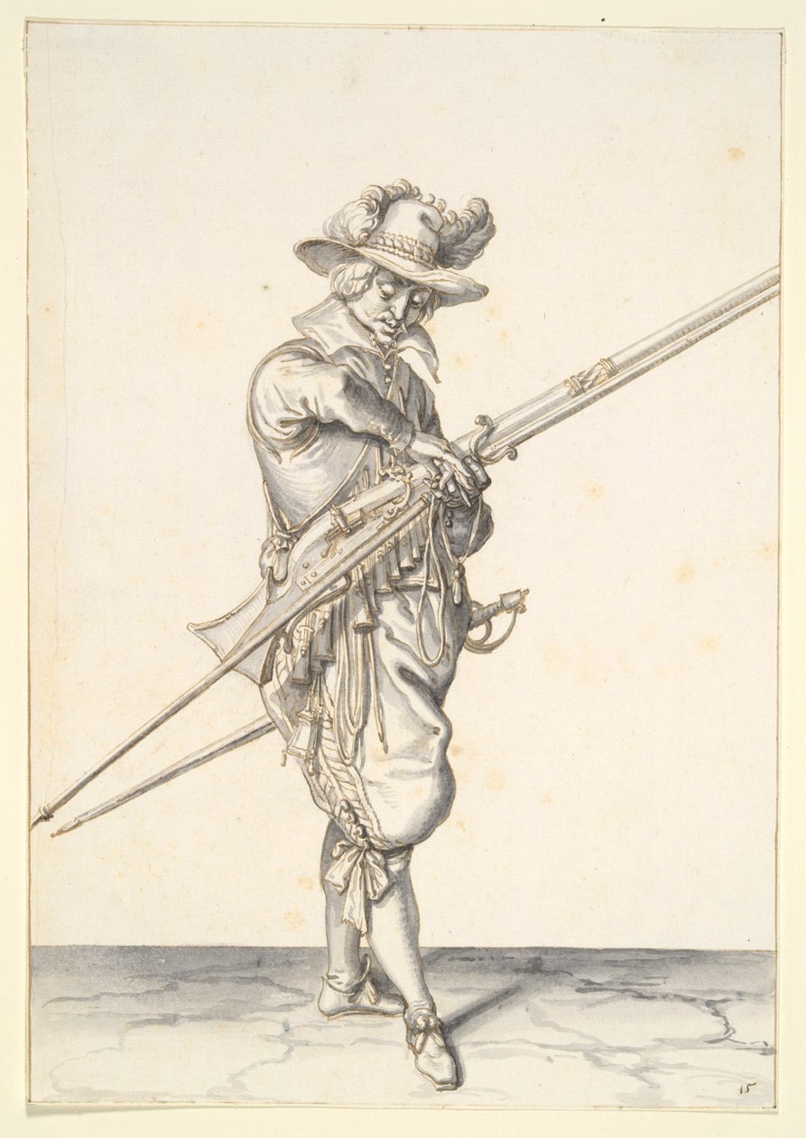 Soldat forbereder sig på at affyre en musket af Jacques de Gheyn II